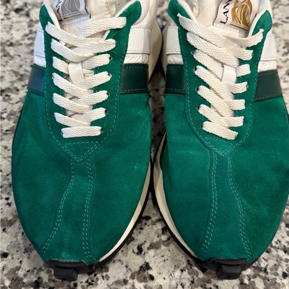 Green Suede Men’s Sneakers with White Accents
